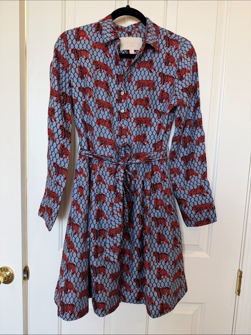 J. Crew Blue Shirt Dress with Red Tiger Print